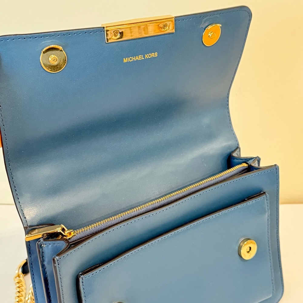 Michael Kors Jade Gusset Leather Shoulder Bag Blue Gold Chain Crossbody Shoulder - Picture 13 of 16